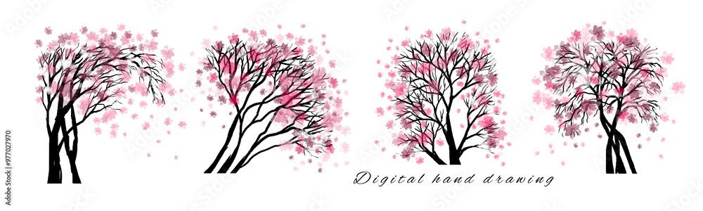Obraz premium A set of isolated branches of a spring tree. A painted tree with flowers, cherry blossoms. A set of trees with pink buds in the doodle style, a sketch on a white background.