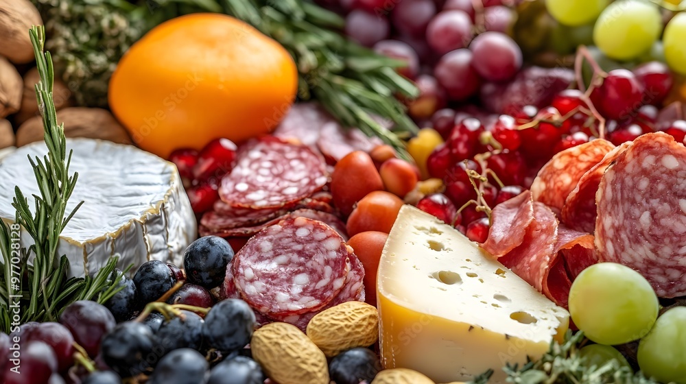 A vibrant assortment of fresh fruits, meats, and cheeses artfully arranged for a delightful spread. A vibrant assortment of fresh fruits, meats, and cheeses artfully arranged for a delightful spread.