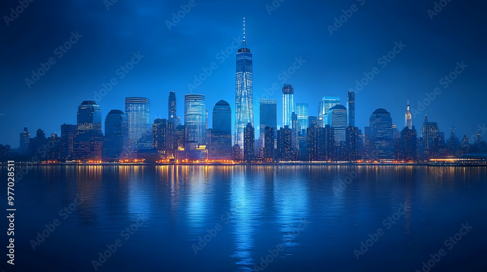 Obraz premium The Manhattan skyline at dusk, with the Freedom Tower dominating the cityscape. The lights of the city reflect on the water.