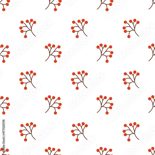 Seamless pattern with rowan berries branches. Vector flat illustration.