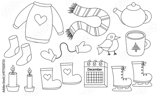 Winter elements set. Line art. Outline. Sweater, socks, boots, scarf, mittens, skates. Teapot and cup. Calendar December. Bird bullfinch. Candles. Vector flat illustration.