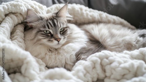 A close-up of a plump, fluffy cat lounging comfortably on a soft blanket, showcasing its round belly and relaxed demeanor against a cozy backdrop