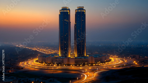 Two modern skyscrapers illu...