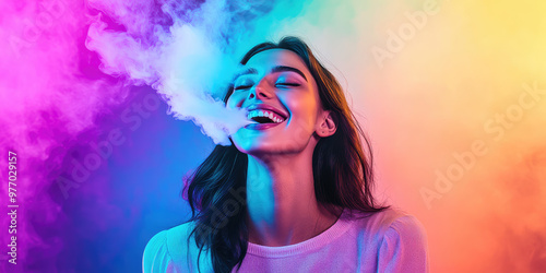 Young woman smile and smoke vape on color background with copy space, banner template