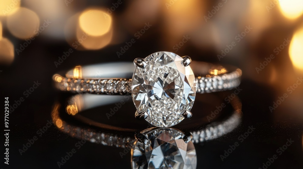 A close-up of an oval-cut diamond engagement ring with a pav band, set on a sleek black surface with soft, warm lighting. A close-up of an oval-cut diamond engagement ring with a pav band, set on a sleek black surface with soft, warm lighting.