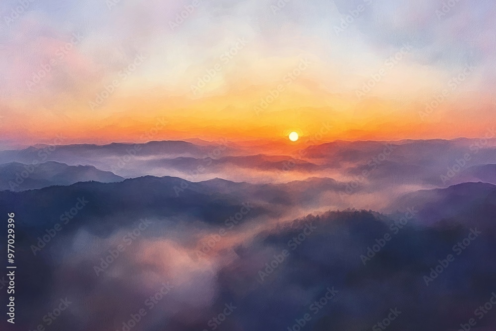 Aerial view of a foggy sunrise over mountains captured in an oil painting style showcasing the beauty of nature at dawn Aerial view of a foggy sunrise over mountains captured in an oil painting style showcasing the beauty of nature at dawn