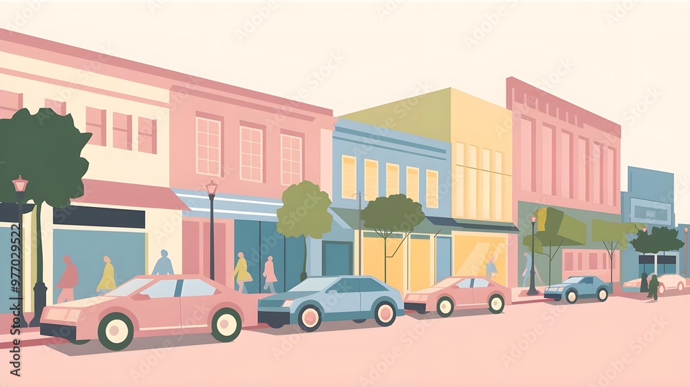 Obraz premium A vibrant urban street scene featuring colorful buildings, cars, and pedestrians in a lively, artistic style.