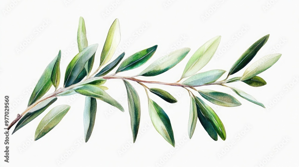 Close up oil painting of two fresh olive branches with leaves isolated on a white background Close up oil painting of two fresh olive branches with leaves isolated on a white background