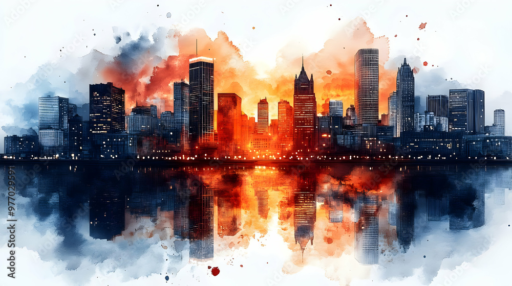 Watercolor painting of a city skyline with a fiery sunset reflected in the water. Watercolor painting of a city skyline with a fiery sunset reflected in the water.