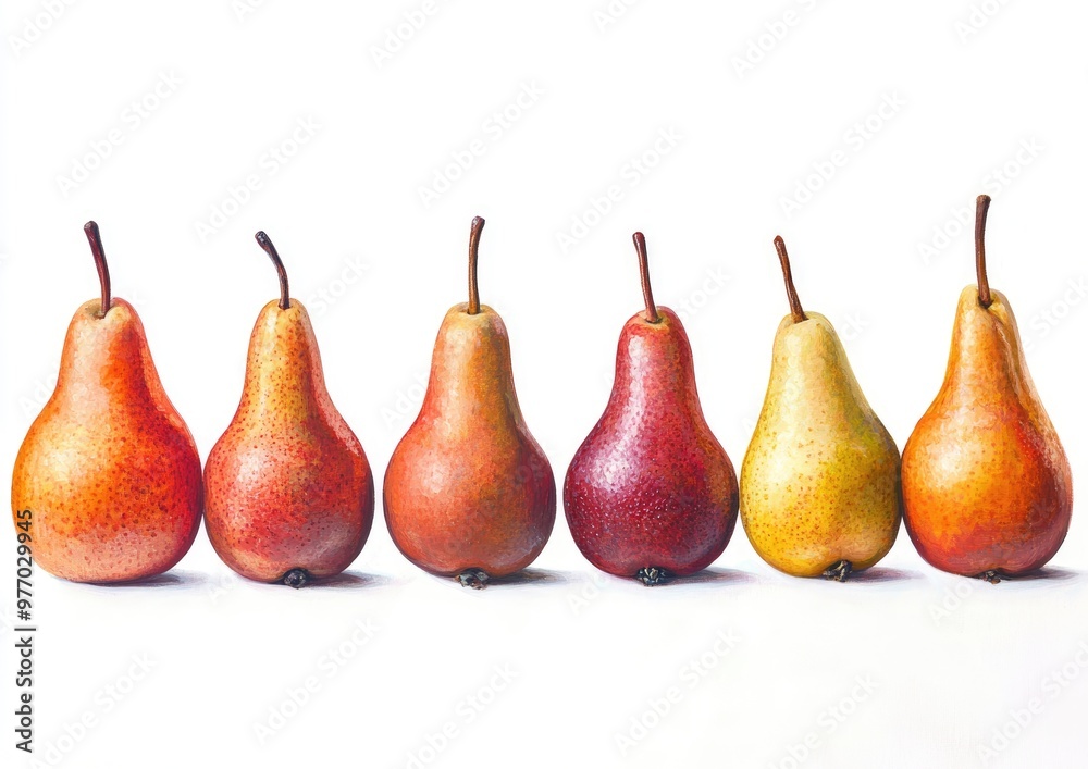 Oil painting showcasing a panorama of 10 fresh pears featuring diverse shapes and colors isolated against a white background highlighting fruit variety in a visual display Oil painting showcasing a panorama of 10 fresh pears featuring diverse shapes and colors isolated against a white background highlighting fruit variety in a visual display