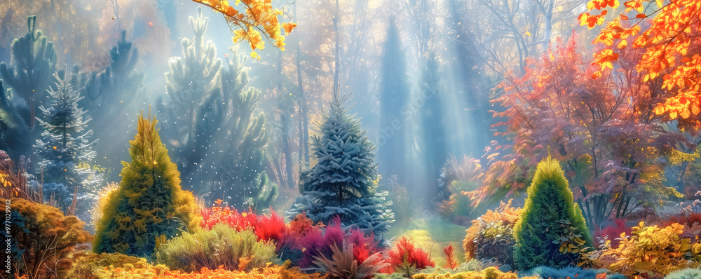 Beautiful coniferous garden in the autumn with colourful trees and bushes. Banner and wallpaper concept. Beautiful coniferous garden in the autumn with colourful trees and bushes. Banner and wallpaper concept.