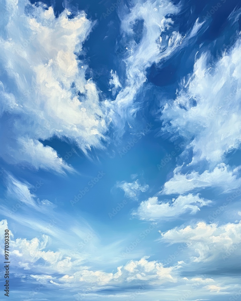 Oil painting depicting an expansive blue sky adorned with clouds showcasing a serene sky perspective Oil painting depicting an expansive blue sky adorned with clouds showcasing a serene sky perspective