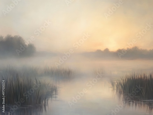 Oil painting depicting a misty wetland at dawn showcasing the serene beauty of the landscape