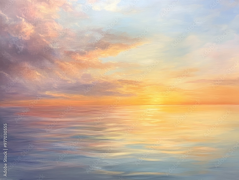 Oil painting depicting a low angle view of a seascape during sunset showcasing vibrant colors and serene water reflections Oil painting depicting a low angle view of a seascape during sunset showcasing vibrant colors and serene water reflections
