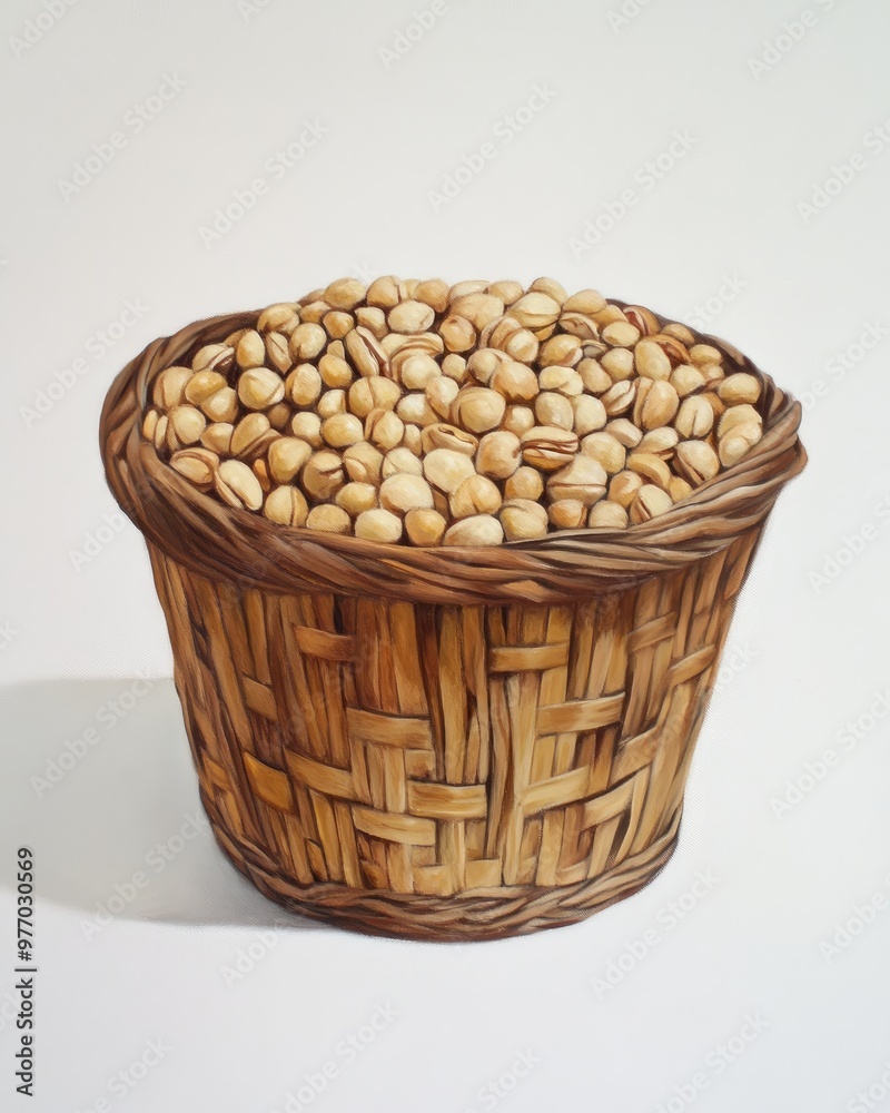 Oil painting of hulled split legume in a wooden basket set against a white background Oil painting of hulled split legume in a wooden basket set against a white background