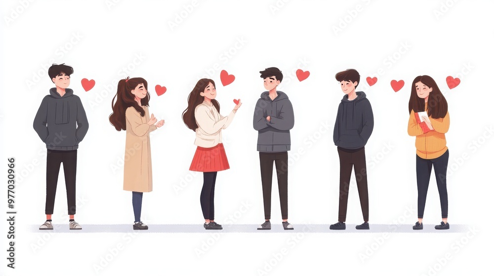 Obraz premium Characters illustrating the transition between love and heartbreak, with emotions of sadness, longing, and distance, white background 
