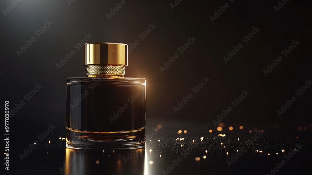 Elegant gold and glass perfume bottle on black background with bokeh lights. Elegant gold and glass perfume bottle on black background with bokeh lights.