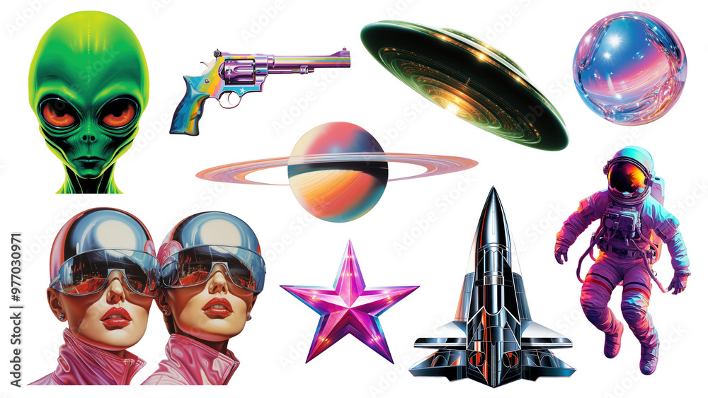 Naklejka premium PNG sci-fi nostalgia air brush element set, transparent background