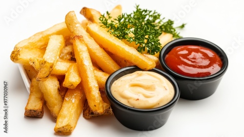 A close-up of a serving of French fries with a side of dipping sauces, such as aioli and barbecue sauce, against a simple white backdrop. photo