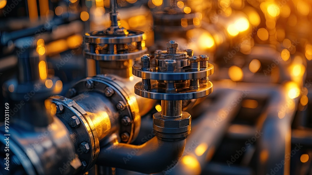 Fototapeta premium A close-up of industrial pipes and valves at an oil field, with metal surfaces reflecting the sunlight, showing the complexity of the infrastructure.