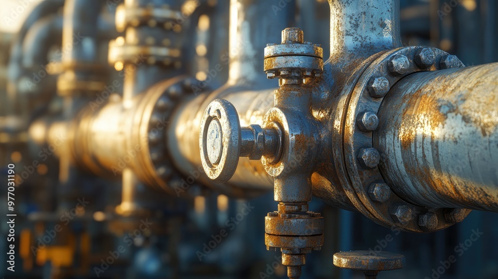 A close-up of industrial pipes and valves at an oil field, with metal surfaces reflecting the sunlight, showing the complexity of the infrastructure.
