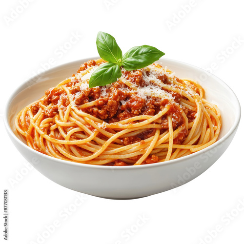 Delicious spaghetti pasta topped with savory meat sauce and fresh basil, perfect for a comforting meal. photo