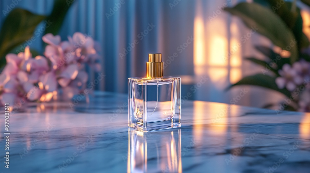 Glass bottle of perfume with golden cap on a marble surface with blurred flowers in the background. Glass bottle of perfume with golden cap on a marble surface with blurred flowers in the background.