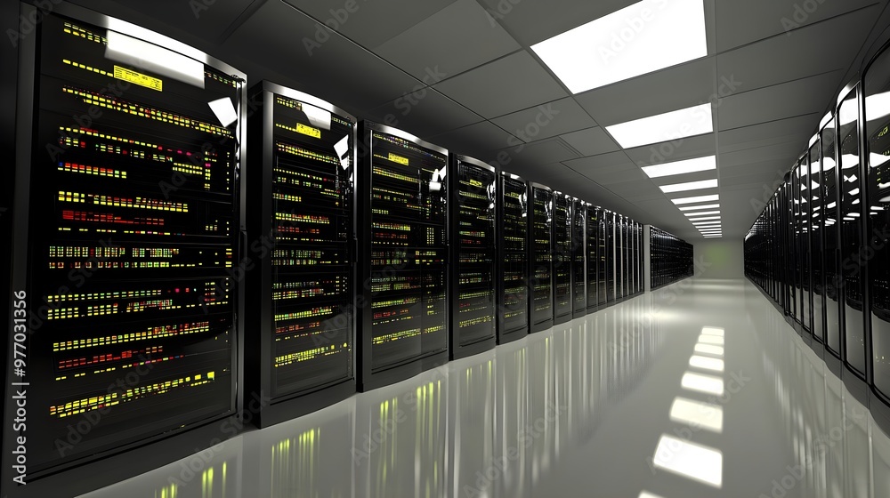 Obraz premium Modern data center featuring sleek server racks, illuminated displays, and polished floor in a high-tech environment.