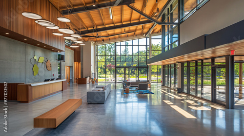 A contemporary community center with an open layout and eco-friendly materials.