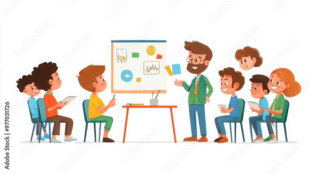 Characters of educators explaining concepts with visual aids, and students listening attentively, showing focus and interest, white background Characters of educators explaining concepts with visual aids, and students listening attentively, showing focus and interest, white background