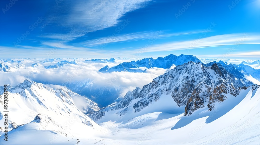 Obraz premium Stunning panoramic view of snow-capped mountains under a clear blue sky, perfect for nature and adventure-themed projects.