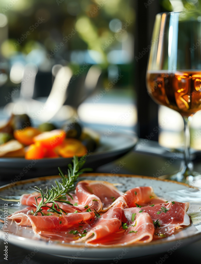 Top view gourmet food photography of Jamon Iberico with rosemary garnish Top view gourmet food photography of Jamon Iberico with rosemary garnish