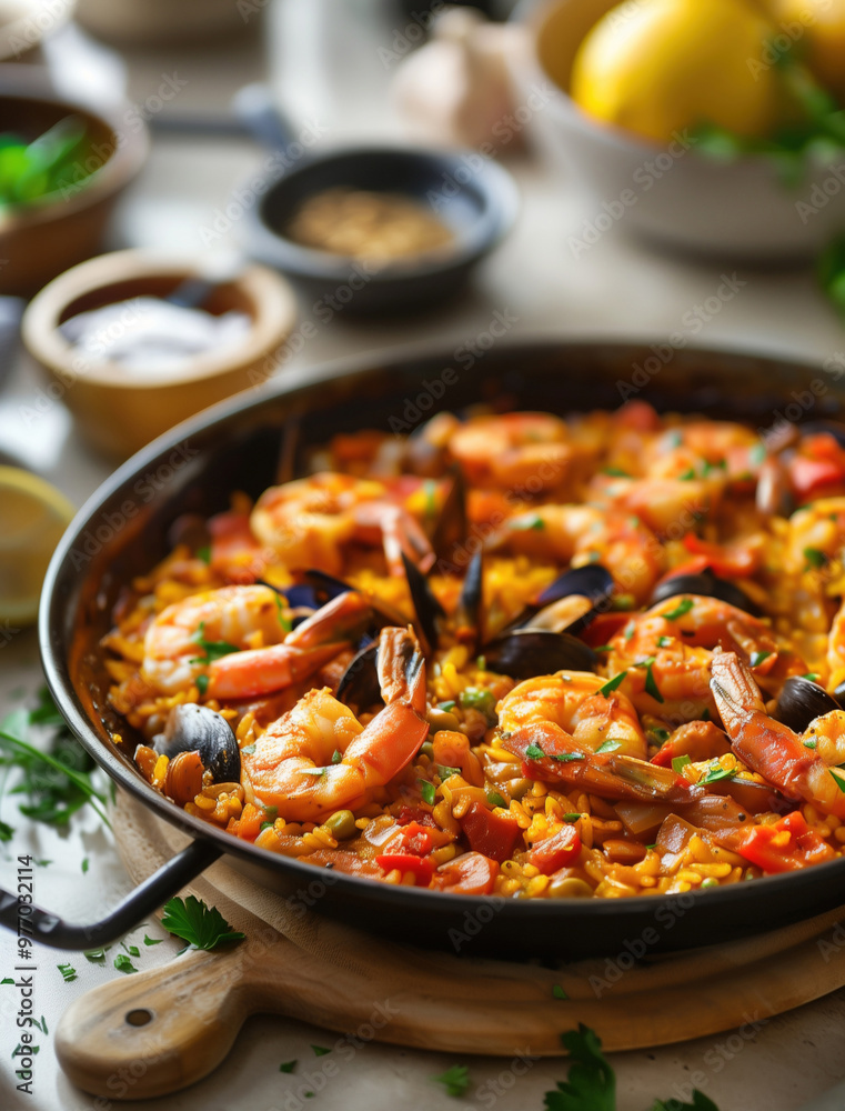 Authentic Mediterranean Paella with shrimp in a cast iron pan Authentic Mediterranean Paella with shrimp in a cast iron pan