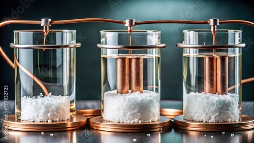 Copper and zinc electrodes immersed in electrolyte solutions, connected by salt bridge, demonstrating electrochemical reaction in a homemade voltaic pile setup.