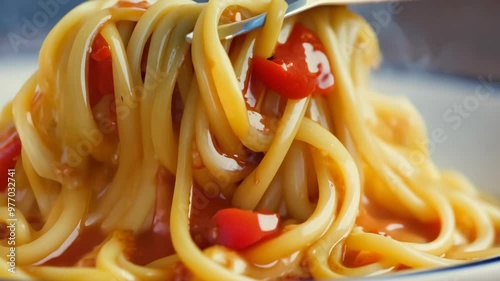 Spaghetti Noodles Twirled on Fork Covered in Rich Tomato Sauce