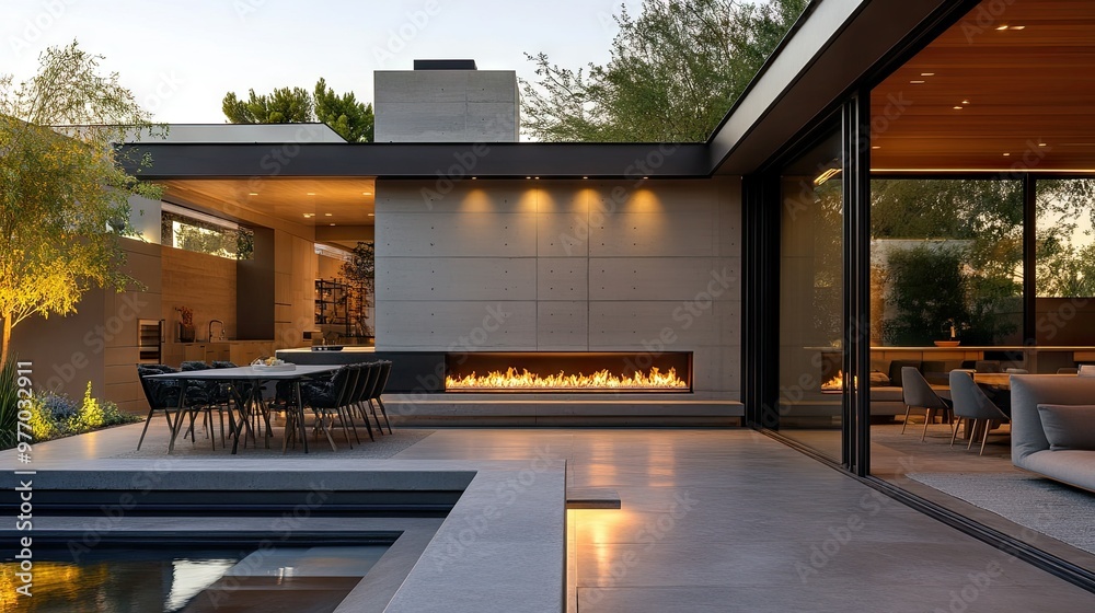 A contemporary home with a built-in fireplace in the outdoor living space, blending indoor and outdoor comfort for a cozy evening gathering. A contemporary home with a built-in fireplace in the outdoor living space, blending indoor and outdoor comfort for a cozy evening gathering.