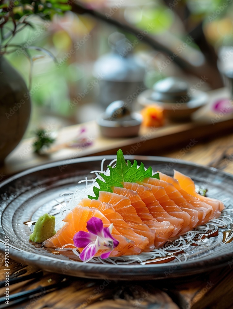 Flounder sashimi, Hirame sushi, classic Japanese sashimi on ceramic plate, close up photo with wooden background Flounder sashimi, Hirame sushi, classic Japanese sashimi on ceramic plate, close up photo with wooden background