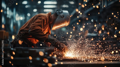 Metal welder at work in a factory. Metalwork manufacturing and construction