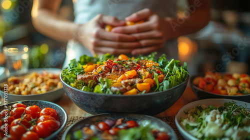 Person holding their hands over a bowl of salad on a table full of healthy food