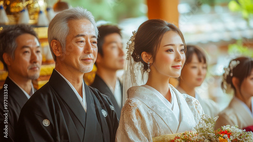 Japanese bride in a shiromuku and her father in a montsuki hakama at their traditional shinto wedding ceremony photo