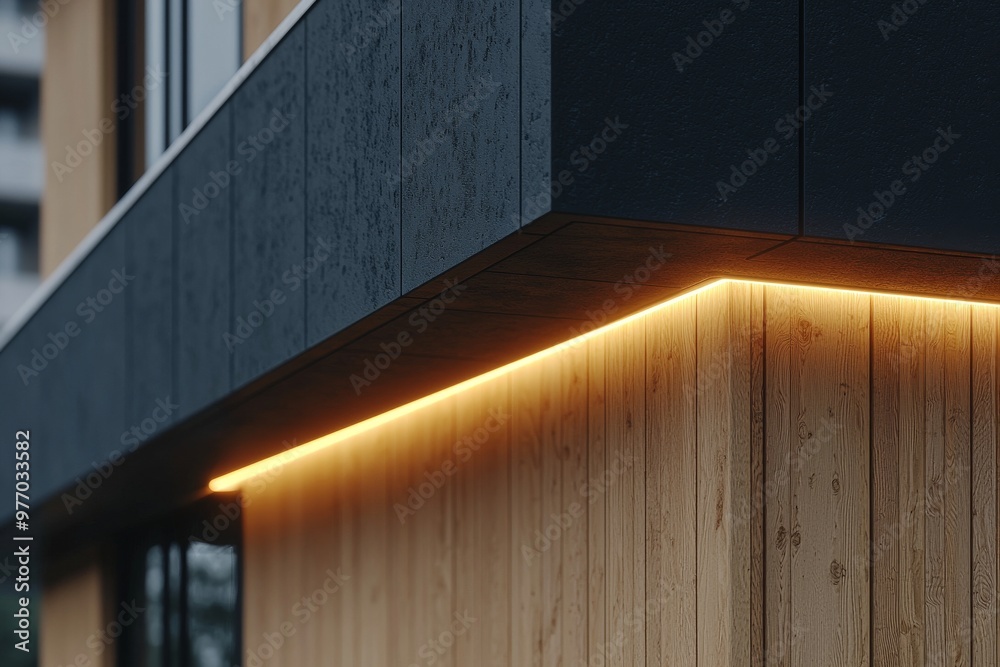 Obraz premium Signboard on corner of eco style wooden building, 3D rendering, mockup with copyspace and backlight
