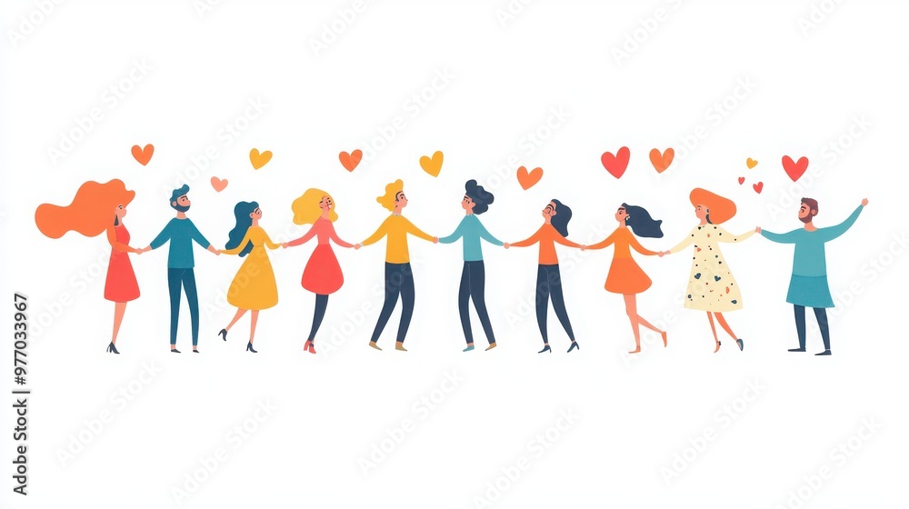 Characters representing love and joy, holding hands and sharing moments of happiness and connection, white background Characters representing love and joy, holding hands and sharing moments of happiness and connection, white background