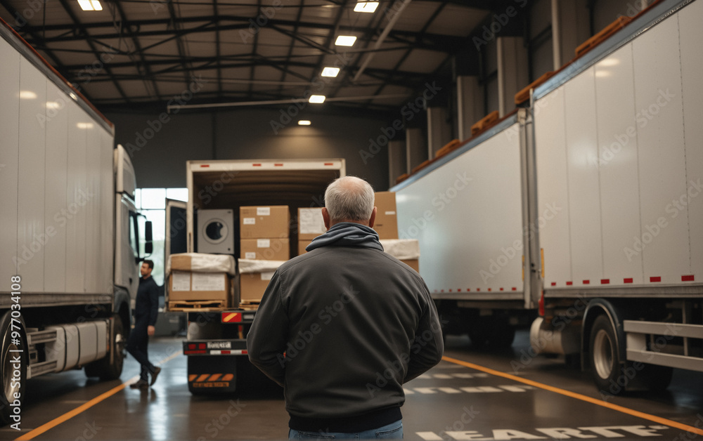 A man watches cargo being loaded and unloaded from a truck at a logistics warehouse. Cargo delivery and logistics. A man watches cargo being loaded and unloaded from a truck at a logistics warehouse. Cargo delivery and logistics.