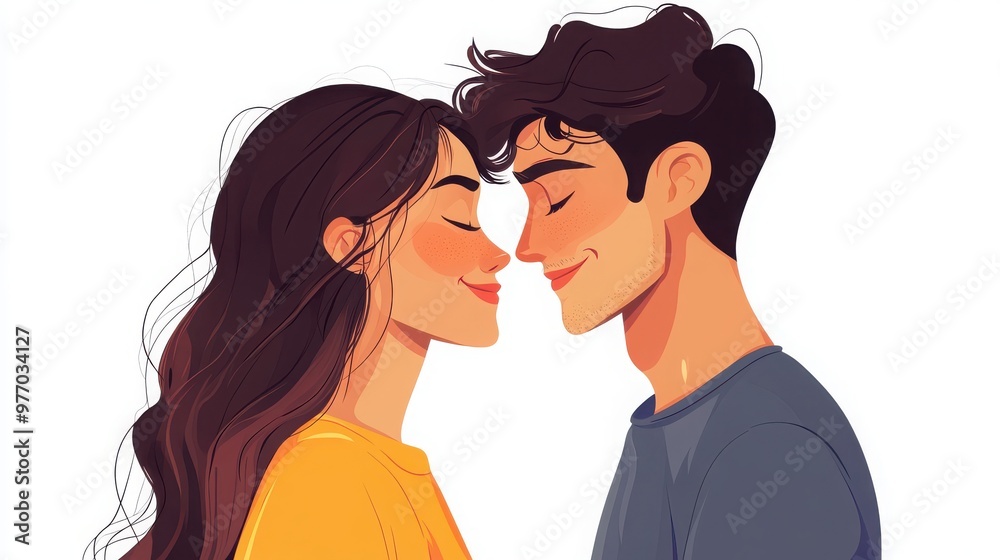 Characters showing emotions of deep affection and romantic attraction, with soft, intimate body language, white background Characters showing emotions of deep affection and romantic attraction, with soft, intimate body language, white background