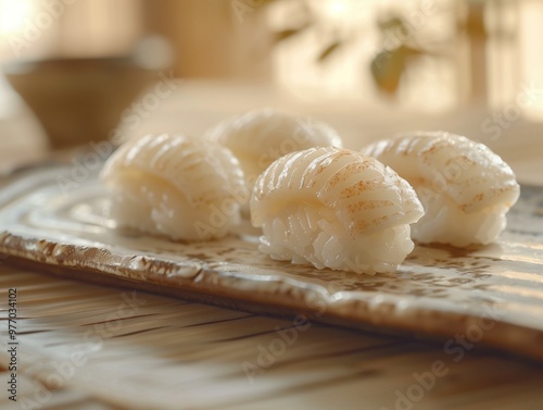 Surf clam Nigiri, Hokkigai sushi on rice, classic Japanese sushi on ceramic plate, close up photo with beige background photo