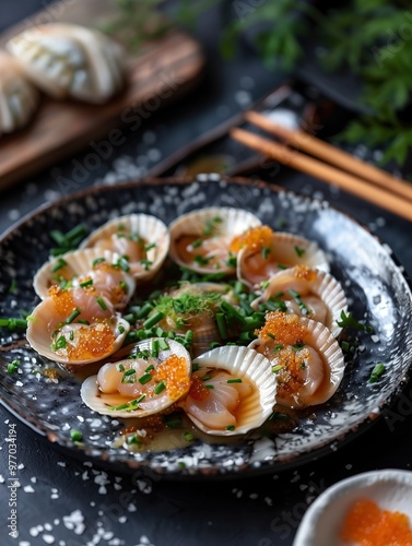 Surf clam sashimi, Hokkigai sushi, classic Japanese sashimi on ceramic plate, close up photo with noble background photo