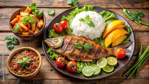 Flavors of Colombia come alive in this vibrant dish, featuring grilled fish, crispy fried plantains, fluffy steamed rice, and a refreshing side salad.