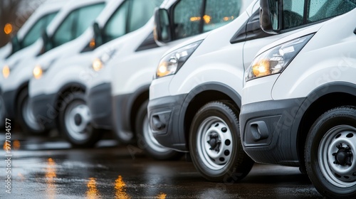 Row of White Commercial Vans Parked in a Line, Transportation and Logistics Industry Concept