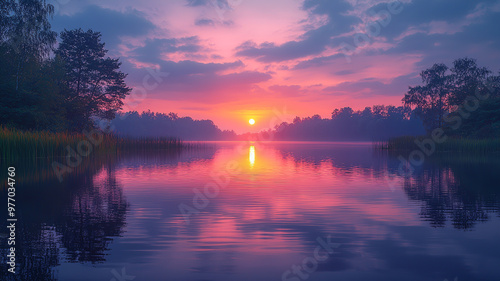 Purple-Hued Sunset Over the Lake Landscape Illustration Wallpaper