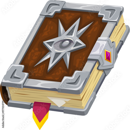 Ancient magic spellbook or Medieval book for game icon, vector cartoon GUI element. Old ancient book of spells with magic symbol, mystery gems on cover and bookmark on pages for Medieval fantasy game